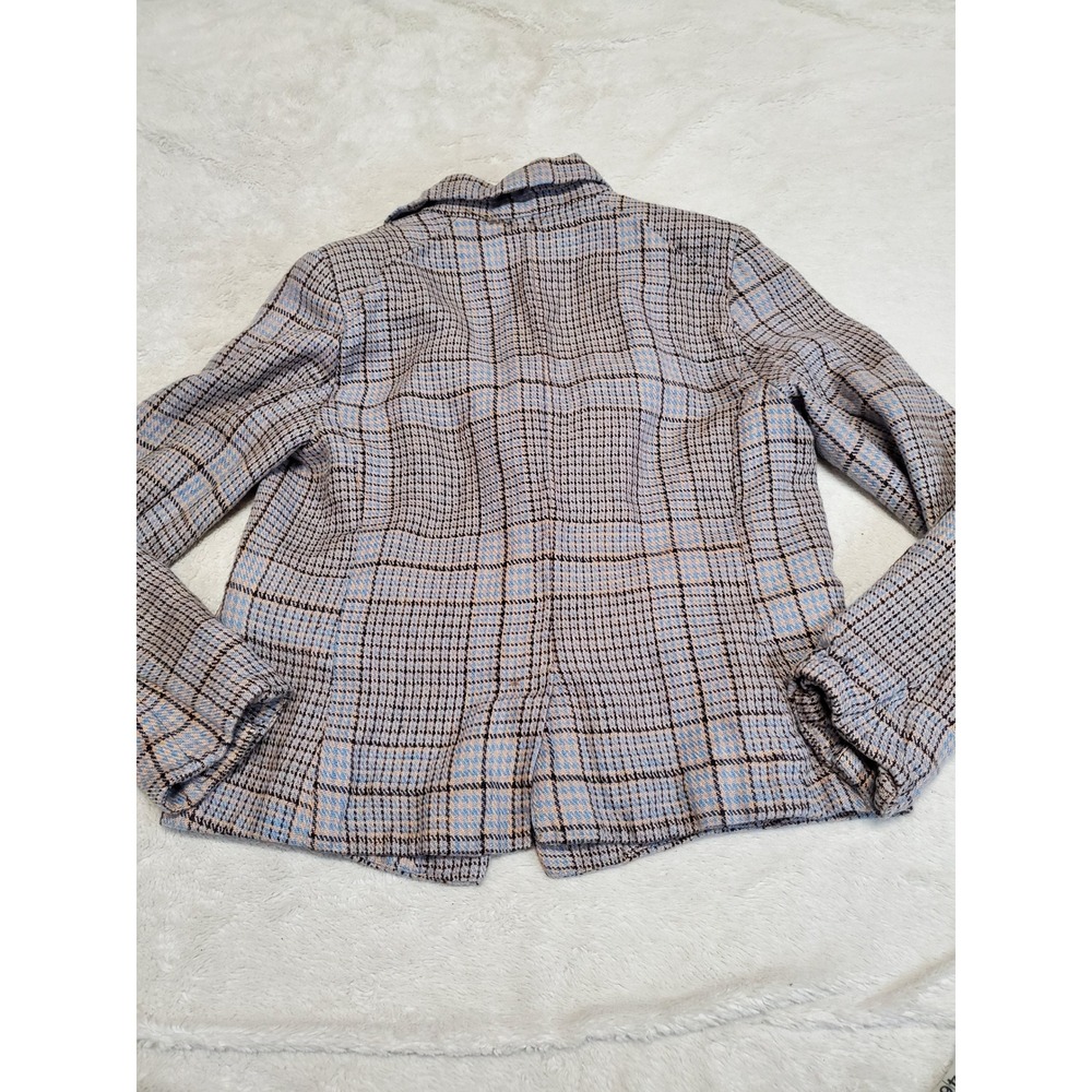Free People Blue Gray Plaid Classic Cropped Jacket Blazer Medium Office Academia - Picture 6 of 9
